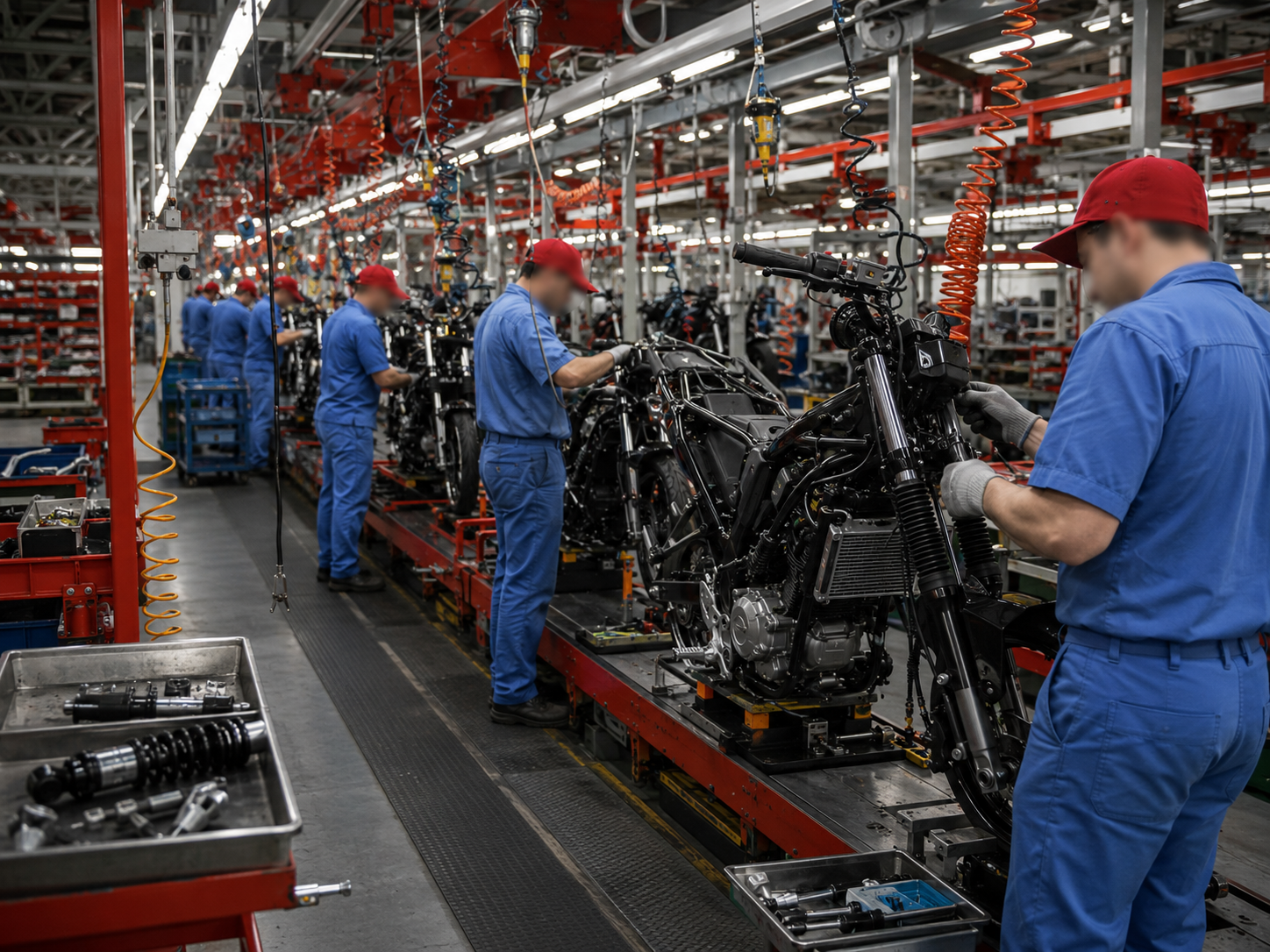 Linha de montagem industrial com estruturas, cabos e ferramentas suspensas.