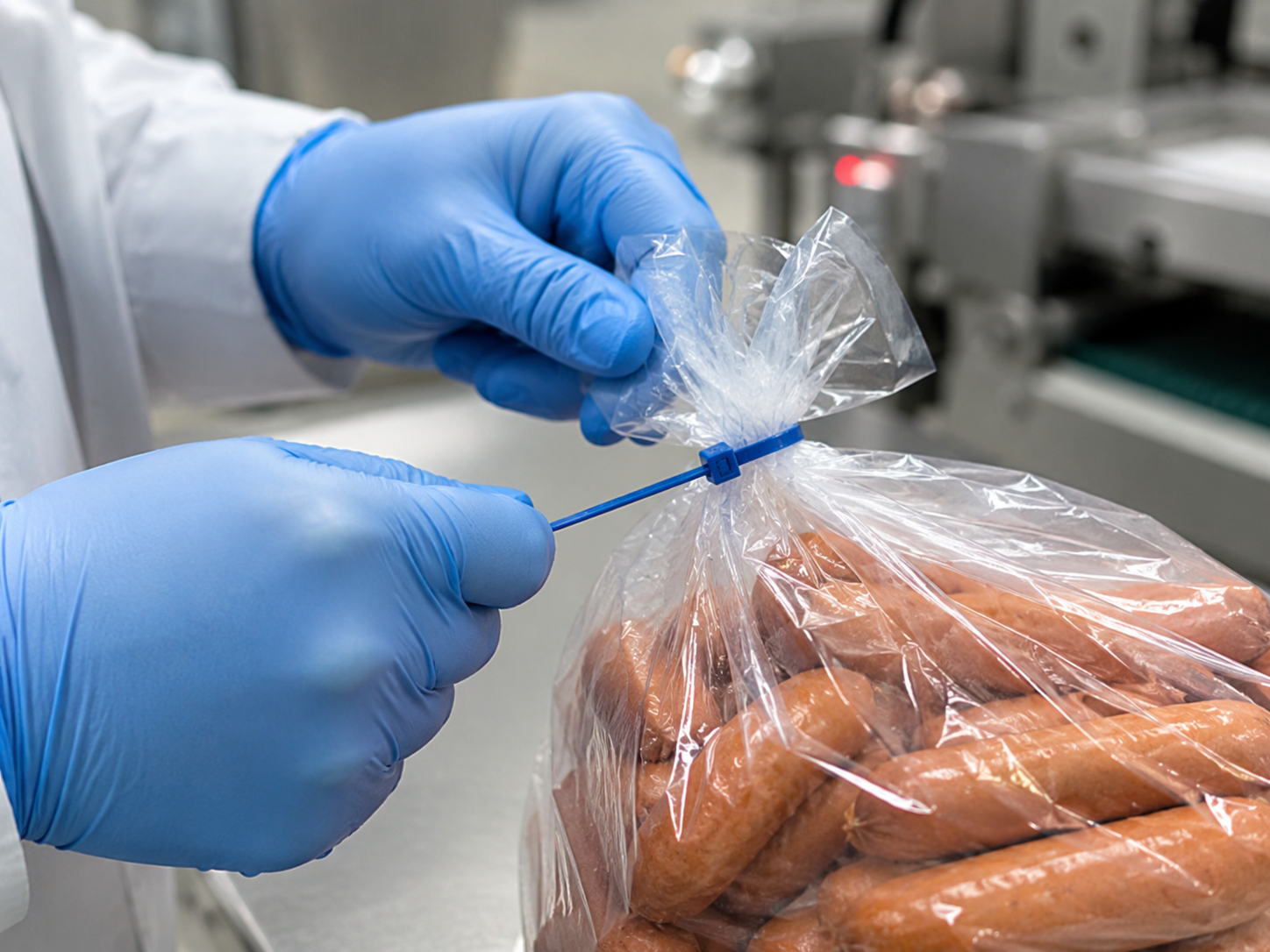 Aplicação de abraçadeira em embalagem industrial de alimentos.