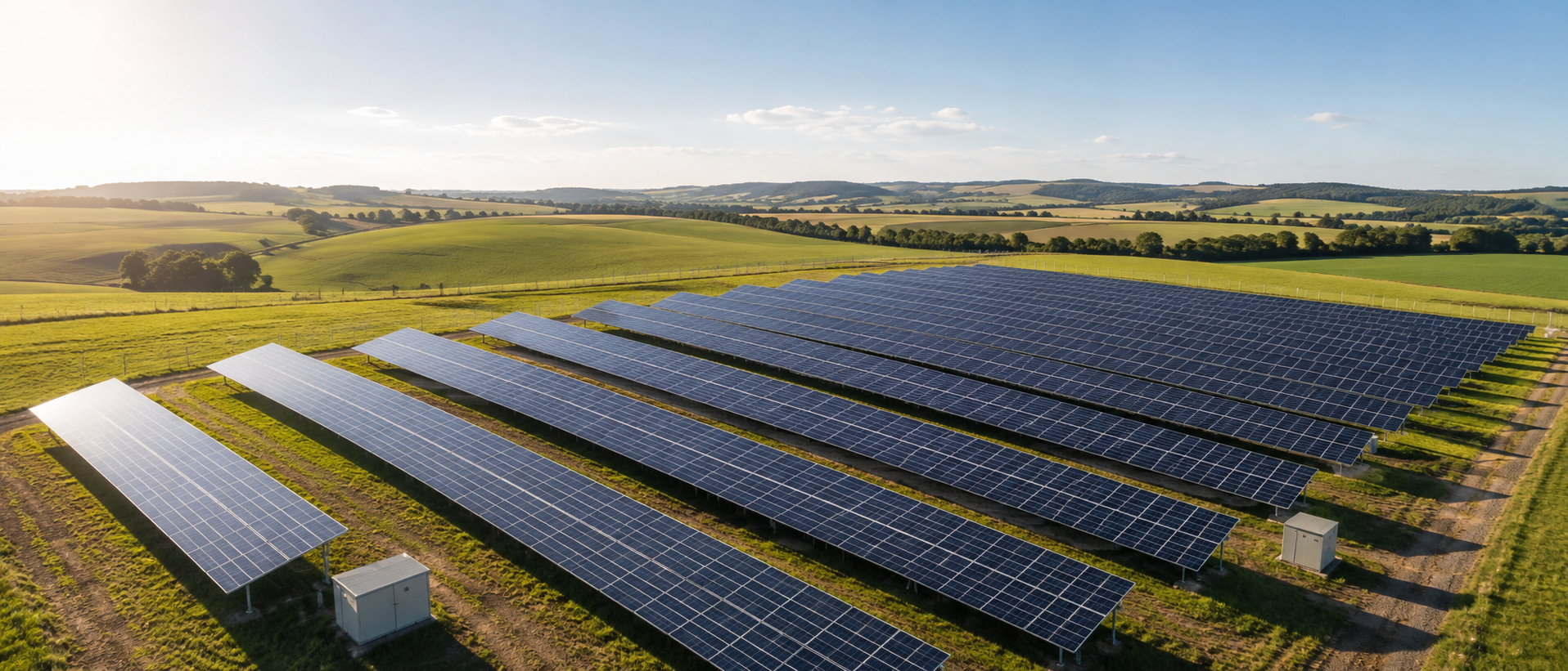 Fazenda solar com infraestrutura elétrica em área industrial a céu aberto.