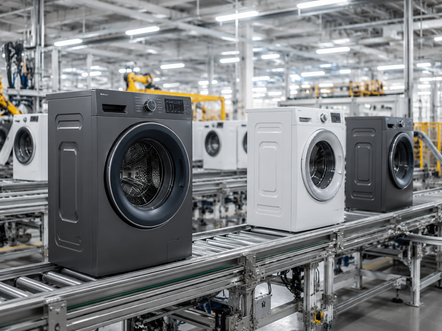Linha de produção industrial com equipamentos e cabeamento organizado.